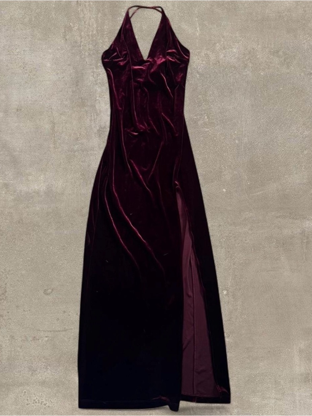 Women's Velvet Halter Maxi Dress in Deep Wine